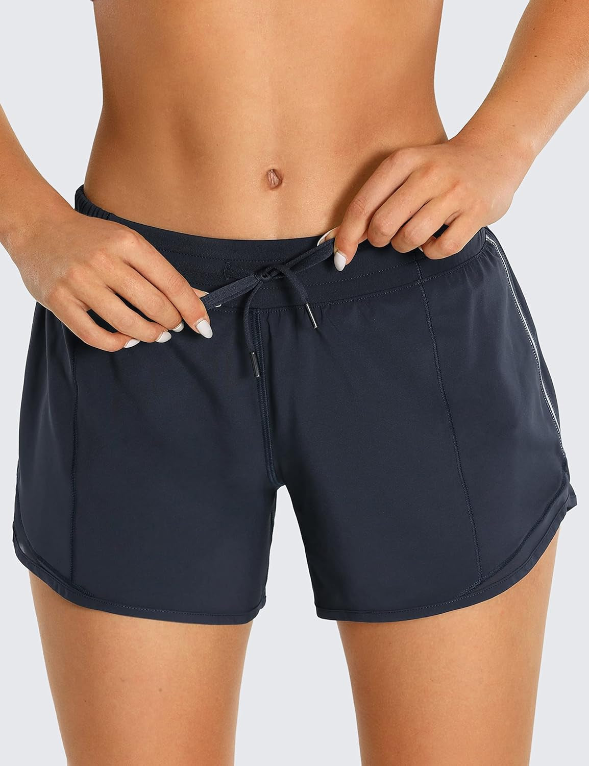 Womens Athletic Running Shorts with Zip Pocket, 4" Mid-Waist Mesh Liner Gym Workout Shorts Navy Medium