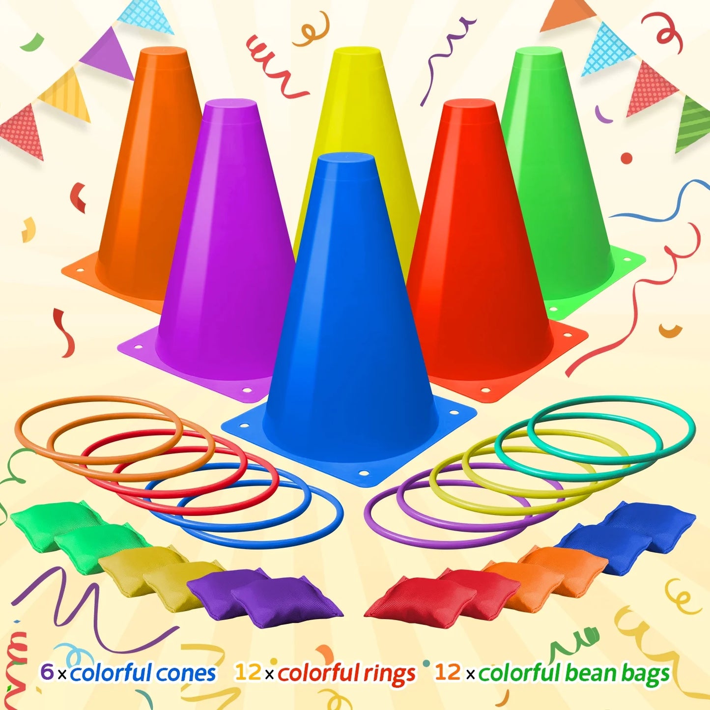 3 in 1 Carnival Games Set, Soft Cones Bean Bags Ring Toss Games for Kids Birthday Party Outdoor Games Supplies Combo Set 32 PCS