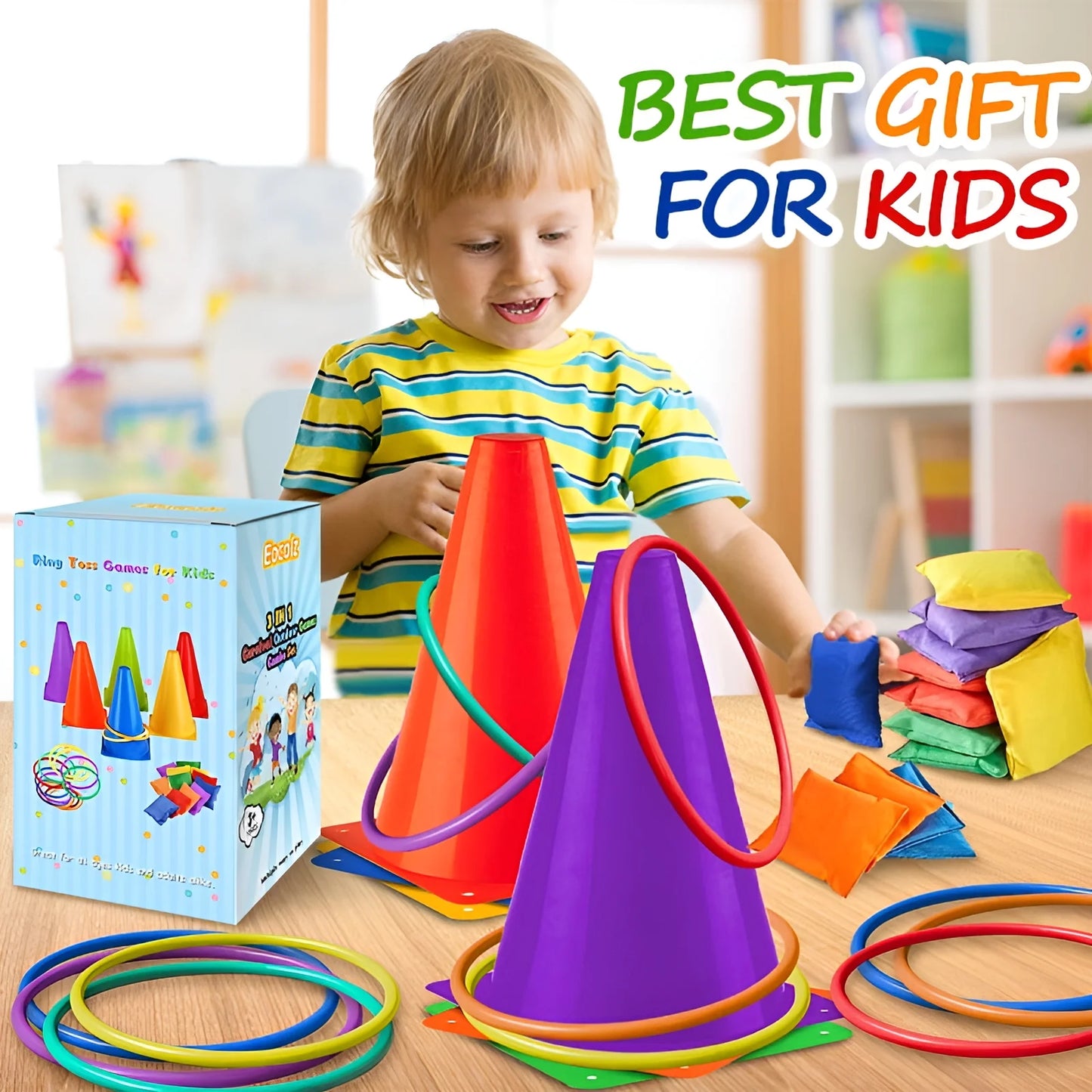 3 in 1 Carnival Games Set, Soft Cones Bean Bags Ring Toss Games for Kids Birthday Party Outdoor Games Supplies Combo Set 32 PCS