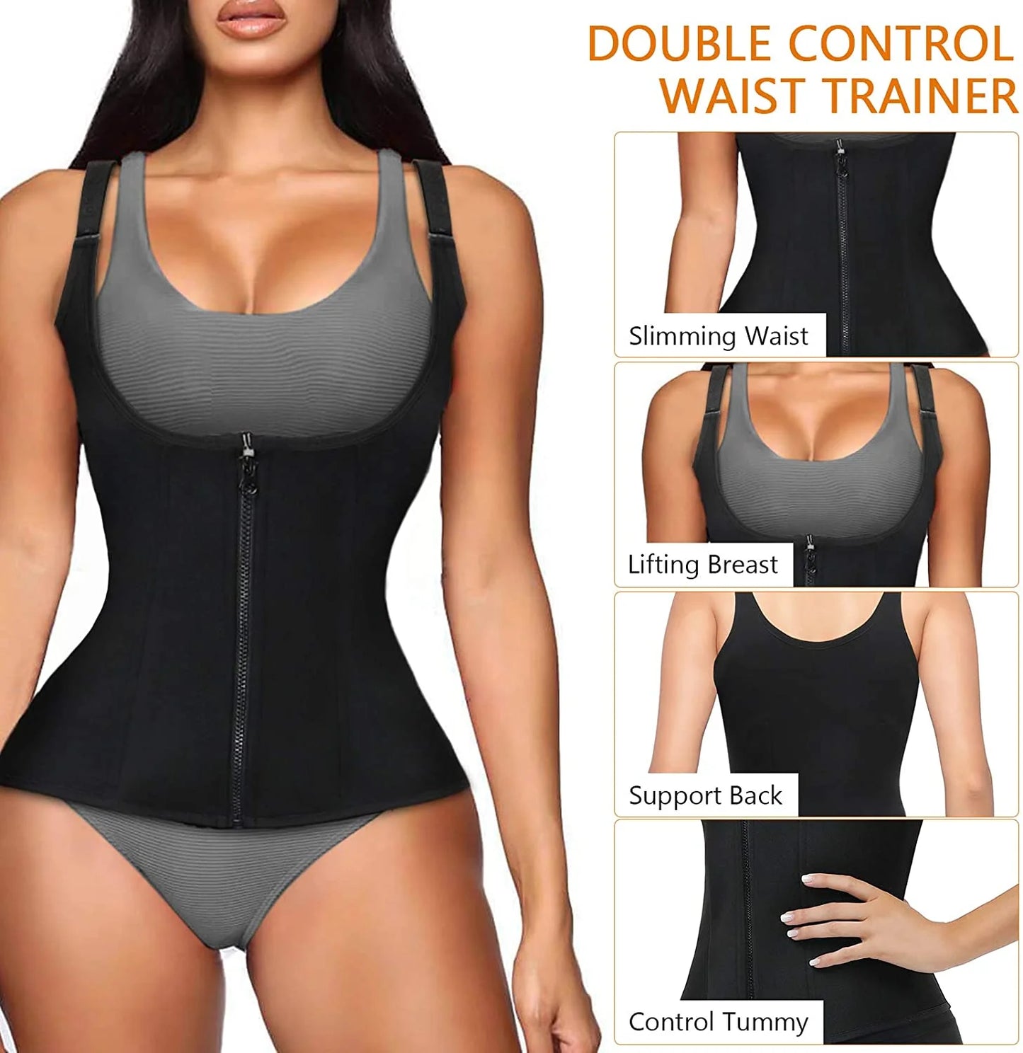 Sweat Waist Trainer for Women Neoprene Sauna Tank Top Zipper Vest Workout Sport Double Compression Girdle