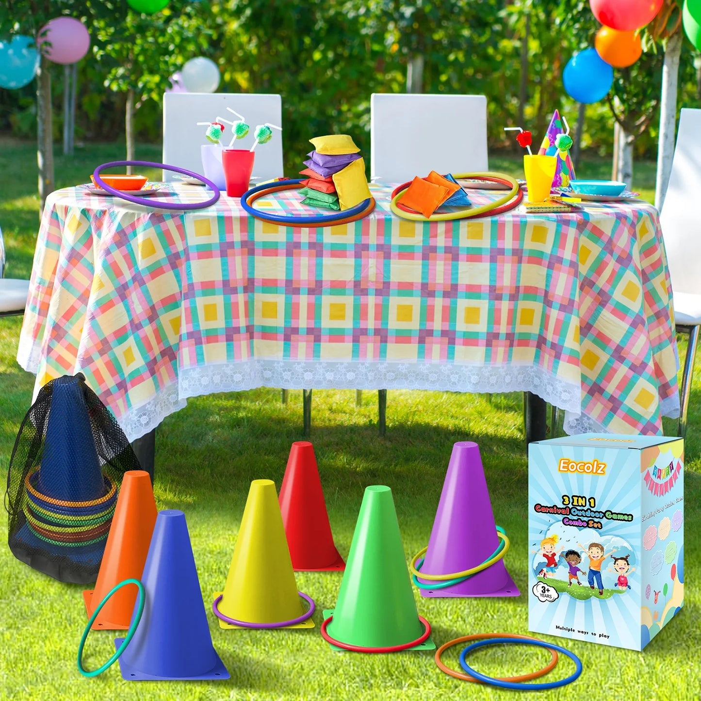 3 in 1 Carnival Games Set, Soft Cones Bean Bags Ring Toss Games for Kids Birthday Party Outdoor Games Supplies Combo Set 32 PCS