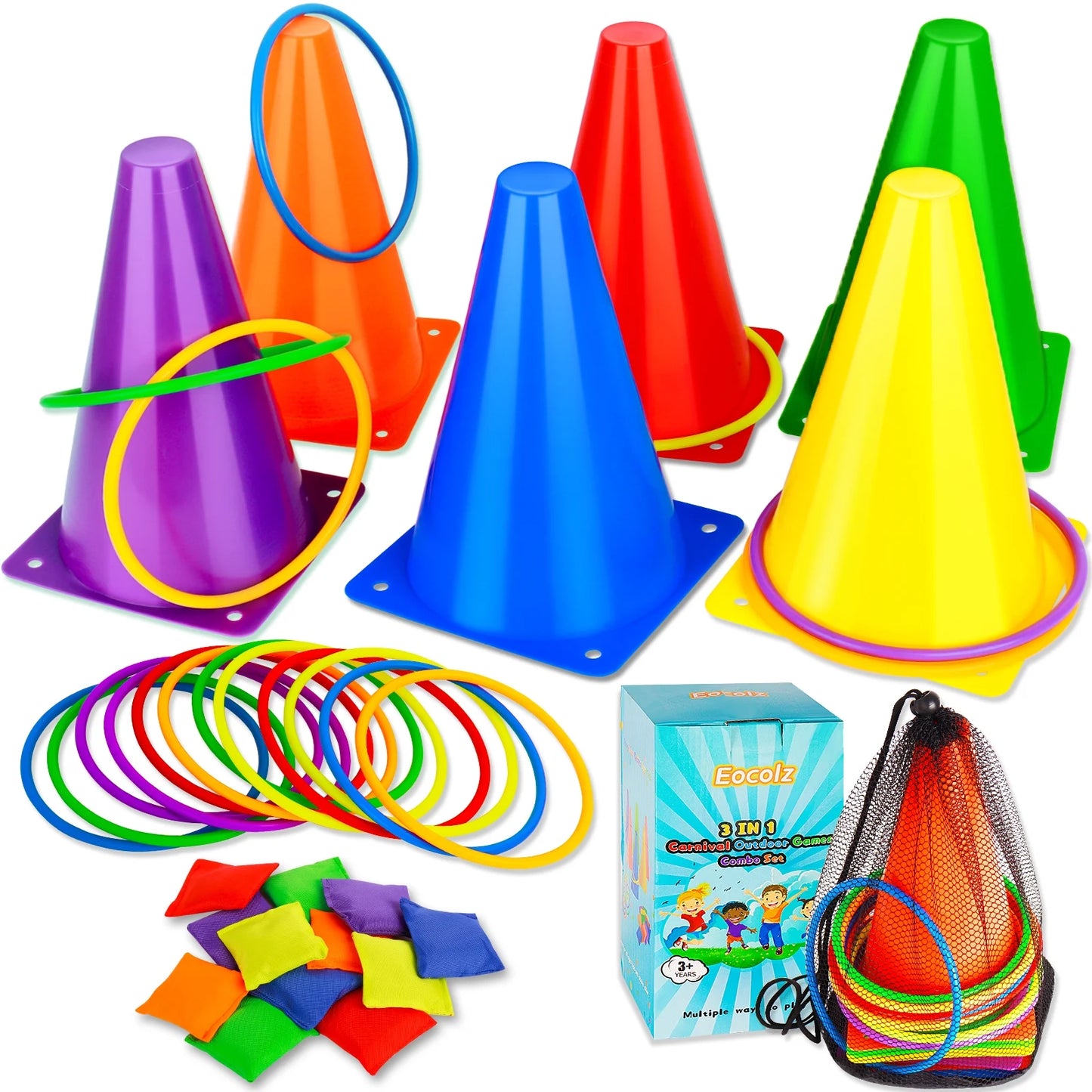 3 in 1 Carnival Games Set, Soft Cones Bean Bags Ring Toss Games for Kids Birthday Party Outdoor Games Supplies Combo Set 32 PCS