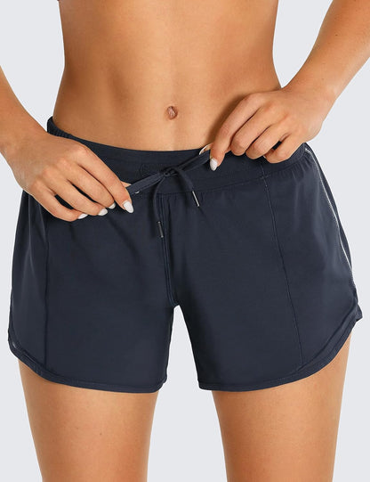 Womens Athletic Running Shorts with Zip Pocket, 4" Mid-Waist Mesh Liner Gym Workout Shorts Navy Medium