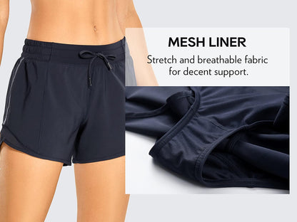 Womens Athletic Running Shorts with Zip Pocket, 4" Mid-Waist Mesh Liner Gym Workout Shorts Navy Medium