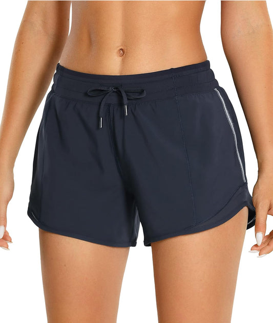 Womens Athletic Running Shorts with Zip Pocket, 4" Mid-Waist Mesh Liner Gym Workout Shorts Navy Medium