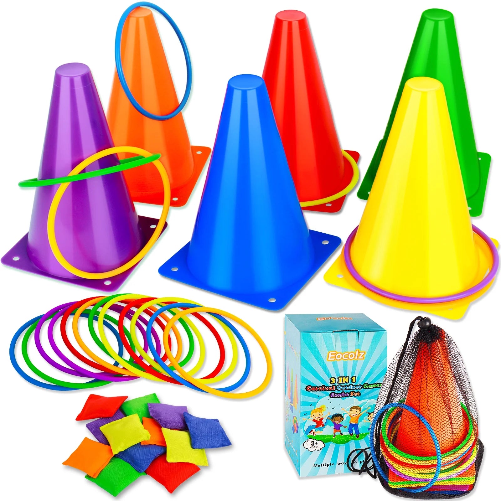 3 in 1 Carnival Games Set, Soft Cones Bean Bags Ring Toss Games for Kids Birthday Party Outdoor Games Supplies Combo Set 32 PCS