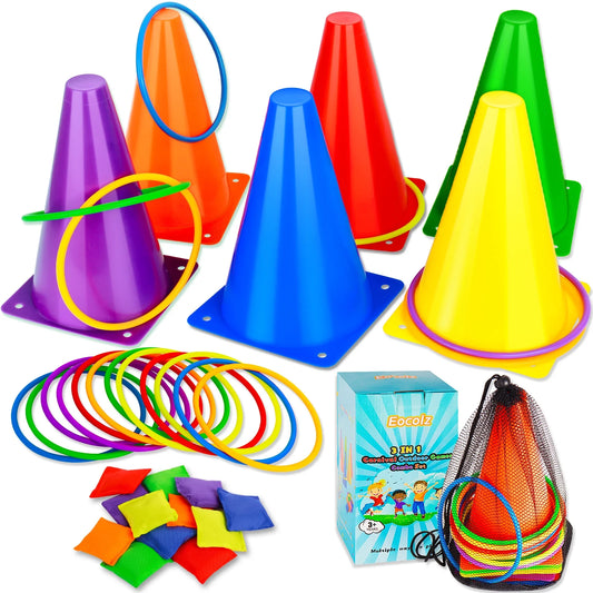 3 in 1 Carnival Games Set, Soft Cones Bean Bags Ring Toss Games for Kids Birthday Party Outdoor Games Supplies Combo Set 32 PCS